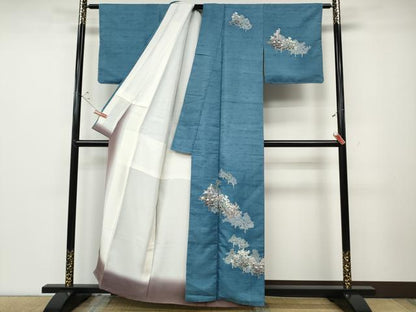 平和屋着物●訪問着　友禅　紬地　草花文　正絹　逸品　CABD0272ut