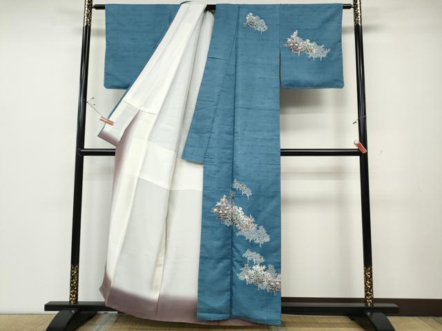 平和屋着物●訪問着　友禅　紬地　草花文　正絹　逸品　CABD0272ut
