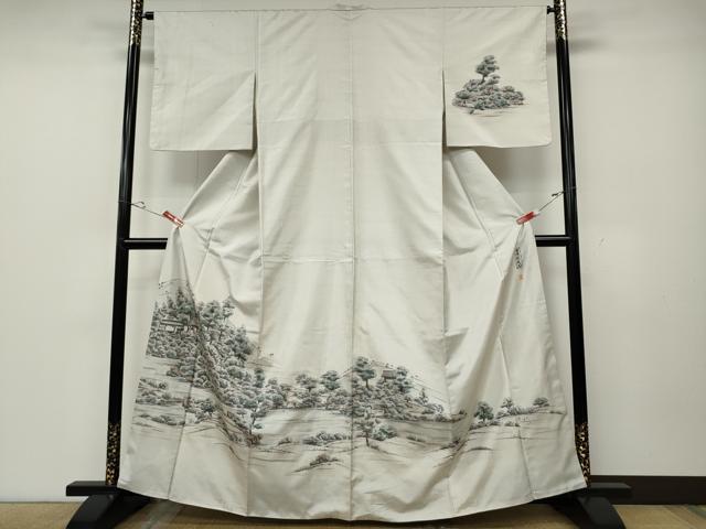 平和屋着物●京友禅の巨匠・頼田勉 臈纈染手描友禅　訪問着　本場大島紬　手描き　白大島　等持院庭園　正絹　逸品　CABD0273ut