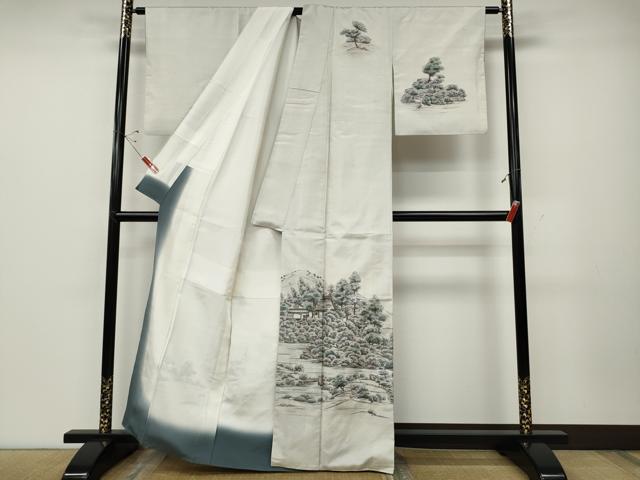 平和屋着物●京友禅の巨匠・頼田勉 臈纈染手描友禅　訪問着　本場大島紬　手描き　白大島　等持院庭園　正絹　逸品　CABD0273ut