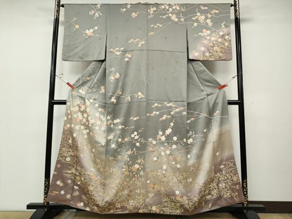 平和屋着物●訪問着　駒刺繍　流水枝花文　暈し染め　金彩　正絹　逸品　CABD0274ut