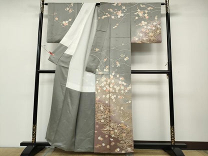 平和屋着物●訪問着　駒刺繍　流水枝花文　暈し染め　金彩　正絹　逸品　CABD0274ut
