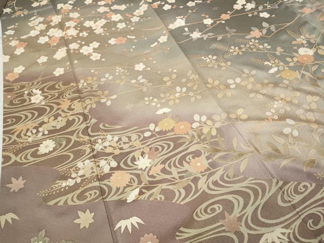 平和屋着物●訪問着　駒刺繍　流水枝花文　暈し染め　金彩　正絹　逸品　CABD0274ut