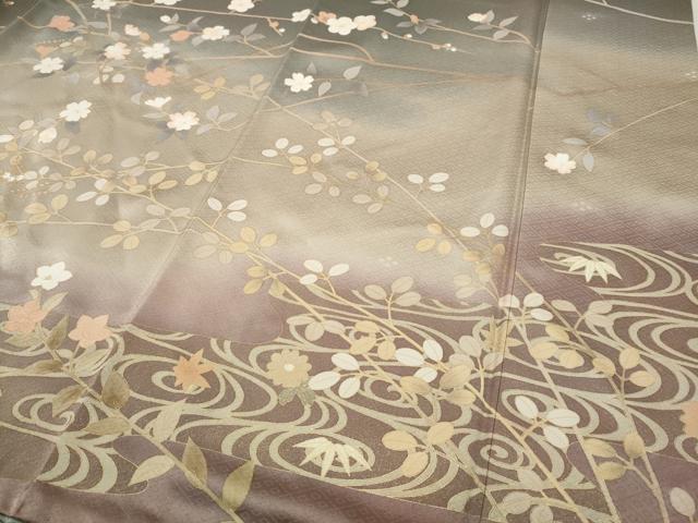 平和屋着物●訪問着　駒刺繍　流水枝花文　暈し染め　金彩　正絹　逸品　CABD0274ut