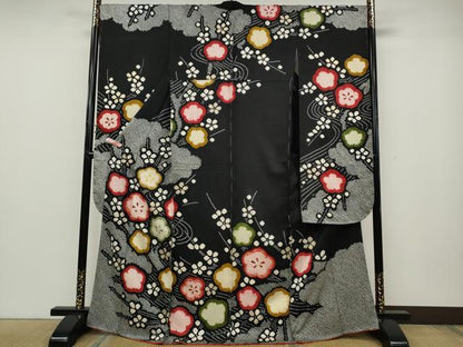 平和屋着物●豪華振袖　駒刺繍　絞り　枝梅文　黒地　金彩　正絹　逸品　未使用　CABD0284ut