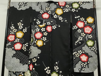 平和屋着物●豪華振袖　駒刺繍　絞り　枝梅文　黒地　金彩　正絹　逸品　未使用　CABD0284ut