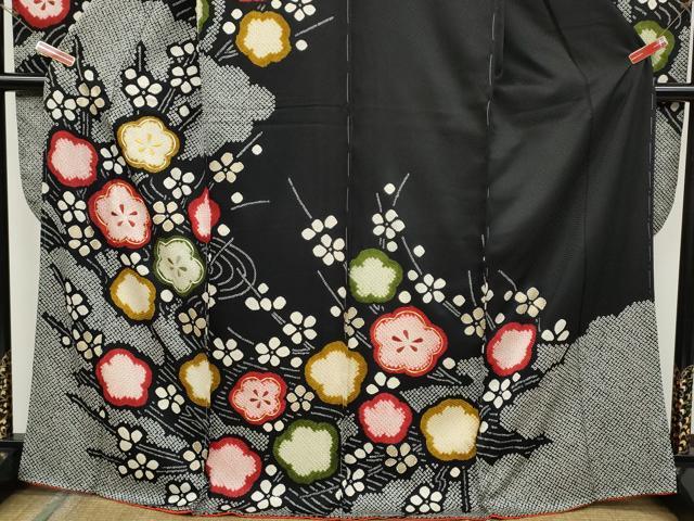 平和屋着物●豪華振袖　駒刺繍　絞り　枝梅文　黒地　金彩　正絹　逸品　未使用　CABD0284ut