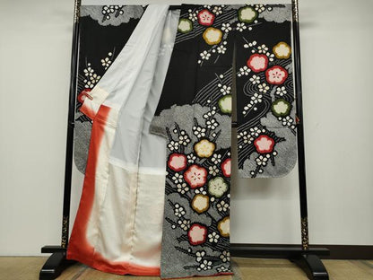 平和屋着物●豪華振袖　駒刺繍　絞り　枝梅文　黒地　金彩　正絹　逸品　未使用　CABD0284ut