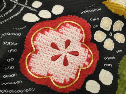 平和屋着物●豪華振袖　駒刺繍　絞り　枝梅文　黒地　金彩　正絹　逸品　未使用　CABD0284ut