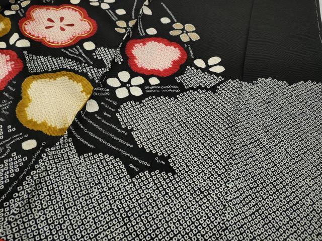 平和屋着物●豪華振袖　駒刺繍　絞り　枝梅文　黒地　金彩　正絹　逸品　未使用　CABD0284ut