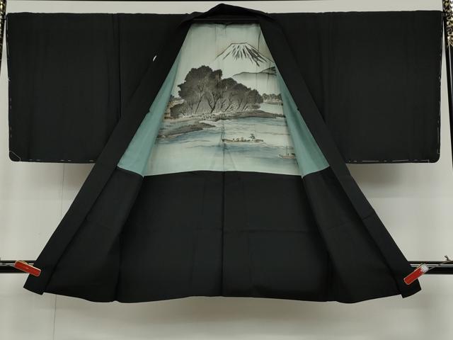 平和屋着物●男性　黒紋付・羽織セット　羽裏：風景文　正絹　逸品　未使用　CABD0295ut