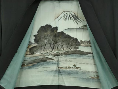 平和屋着物●男性　黒紋付・羽織セット　羽裏：風景文　正絹　逸品　未使用　CABD0295ut