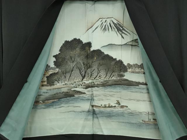 平和屋着物●男性　黒紋付・羽織セット　羽裏：風景文　正絹　逸品　未使用　CABD0295ut