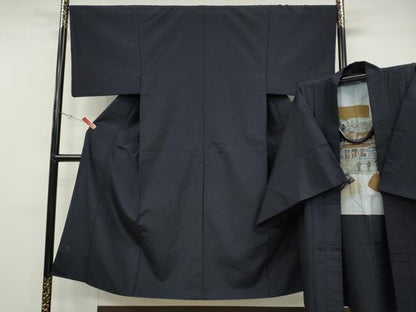 平和屋着物●男性　髭紬　アンサンブル　紫黒色　正絹　逸品　CABD0297ut