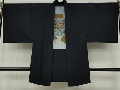 平和屋着物●男性　髭紬　アンサンブル　紫黒色　正絹　逸品　CABD0297ut