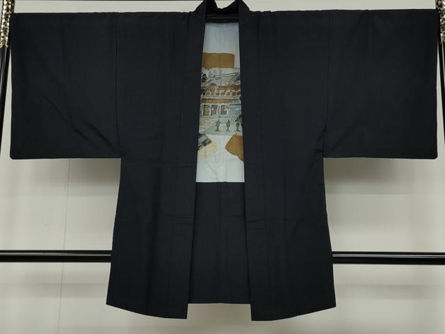平和屋着物●男性　髭紬　アンサンブル　紫黒色　正絹　逸品　CABD0297ut