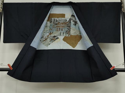平和屋着物●男性　髭紬　アンサンブル　紫黒色　正絹　逸品　CABD0297ut