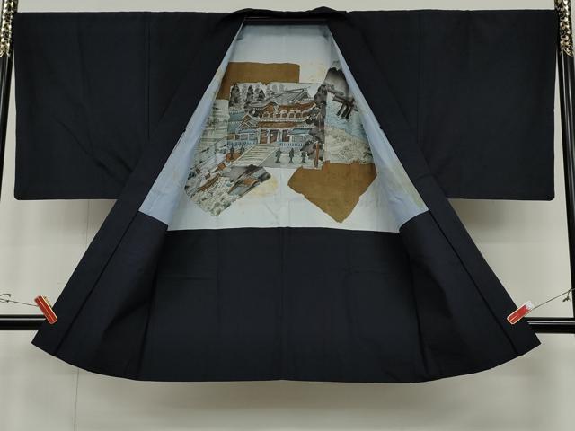 平和屋着物●男性　髭紬　アンサンブル　紫黒色　正絹　逸品　CABD0297ut