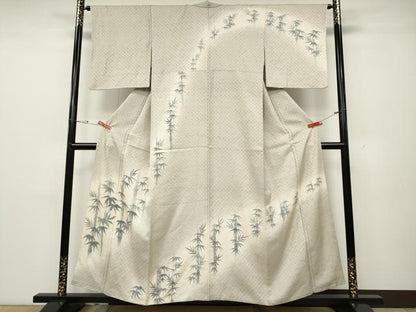 平和屋着物●訪問着　ぜんまい紬　手描き　笹竹文　正絹　逸品　CABD0303ut