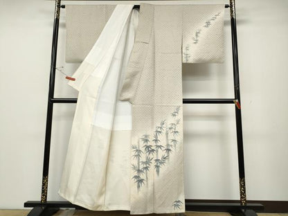 平和屋着物●訪問着　ぜんまい紬　手描き　笹竹文　正絹　逸品　CABD0303ut