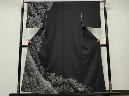 平和屋着物●訪問着　草木文　暈し染め　黒地　銀彩　正絹　逸品　未使用　CABD0311ut