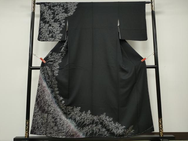 平和屋着物●訪問着　草木文　暈し染め　黒地　銀彩　正絹　逸品　未使用　CABD0311ut