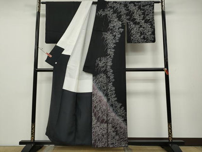 平和屋着物●訪問着　草木文　暈し染め　黒地　銀彩　正絹　逸品　未使用　CABD0311ut