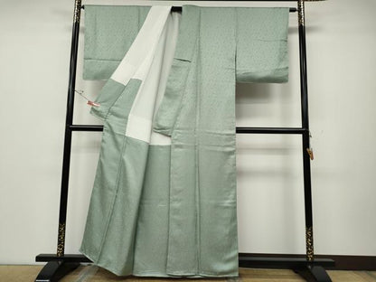 平和屋着物●上質なお召　色無地　花唐草地紋　錆青磁色　正絹　逸品　CABD0315ut