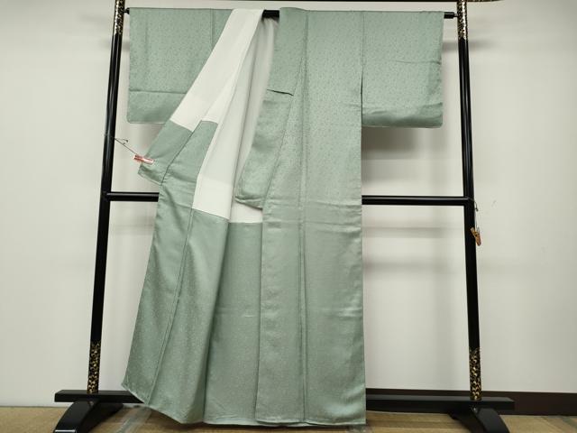 平和屋着物●上質なお召　色無地　花唐草地紋　錆青磁色　正絹　逸品　CABD0315ut