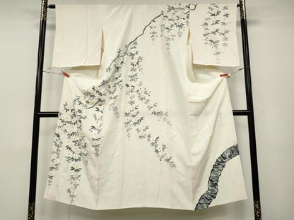 平和屋着物●長襦袢　袷　作家物　手描き　枝垂れ桜文　半衿刺繍　正絹　逸品　未使用　CABD0317ut