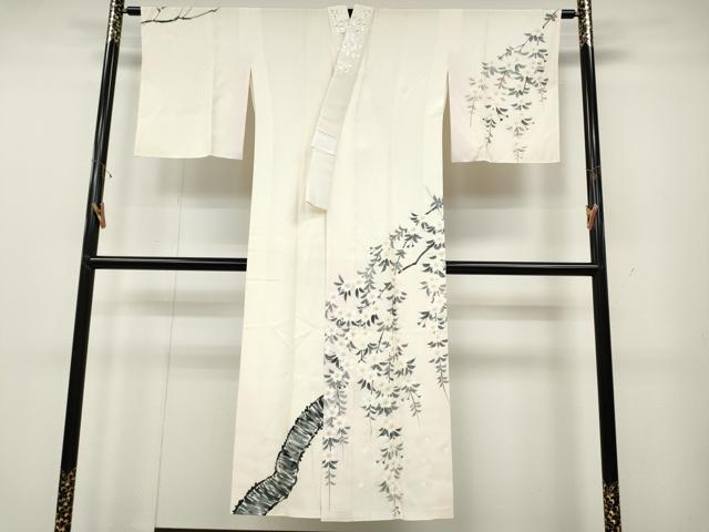 平和屋着物●長襦袢　袷　作家物　手描き　枝垂れ桜文　半衿刺繍　正絹　逸品　未使用　CABD0317ut