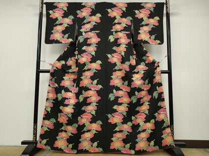 平和屋着物●上質な小紋　型染め　舞花文　黒地　正絹　逸品　CABD0330ut
