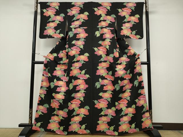 平和屋着物●上質な小紋　型染め　舞花文　黒地　正絹　逸品　CABD0330ut