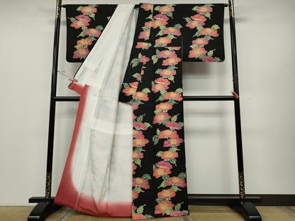 平和屋着物●上質な小紋　型染め　舞花文　黒地　正絹　逸品　CABD0330ut