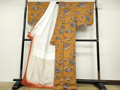 平和屋着物●本場琉球紅型　小紋　飛鶴流水花文　鬼しぼ縮緬　ロング丈　正絹　逸品　CABD0338ut