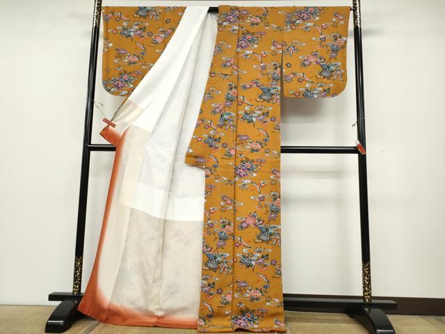 平和屋着物●本場琉球紅型　小紋　飛鶴流水花文　鬼しぼ縮緬　ロング丈　正絹　逸品　CABD0338ut