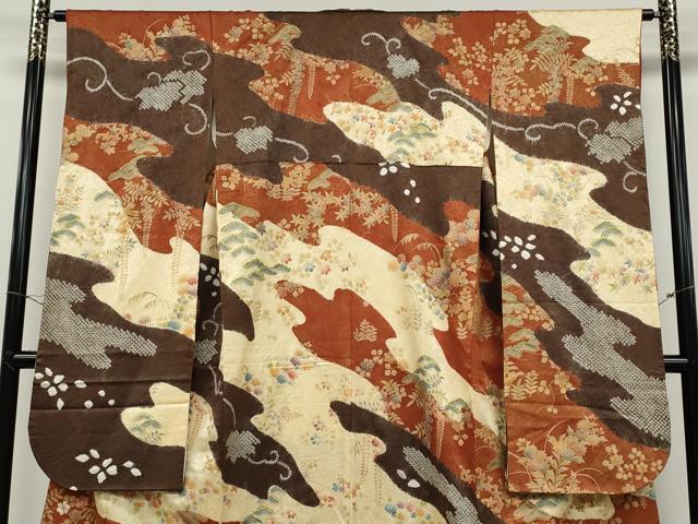 平和屋着物●豪華振袖　駒刺繍　絞り　エ霞草花文　金彩　正絹　逸品　CABD0345ut