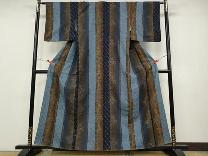 平和屋着物●上質な小紋　紬地　草花間道　正絹　逸品　CABD0360ut