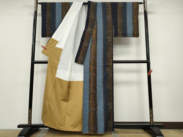 平和屋着物●上質な小紋　紬地　草花間道　正絹　逸品　CABD0360ut