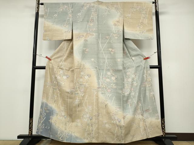 平和屋着物●染織の名門　しょうざん  生紬　訪問着　草花文　正絹　逸品　CABD0361ut