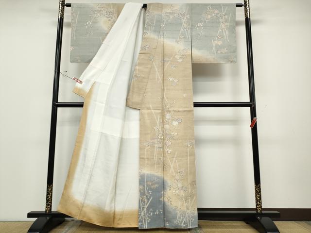 平和屋着物●染織の名門　しょうざん  生紬　訪問着　草花文　正絹　逸品　CABD0361ut