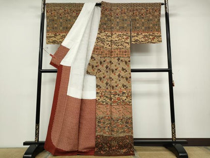 平和屋着物●訪問着　型染め　横段飛鶴花文　鬼しぼ縮緬　正絹　逸品　CABD0362ut