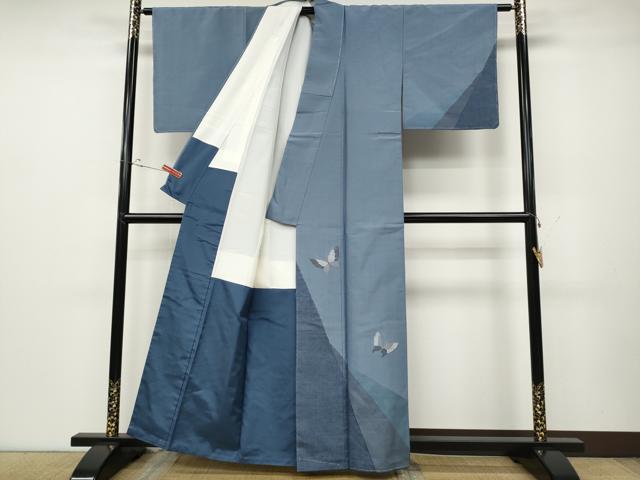 平和屋着物●訪問着　作家物　紬地　舞蝶文　正絹　逸品　未使用　CABD0370ut