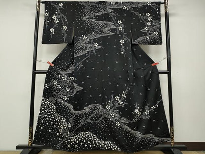 平和屋着物●訪問着　総絞り　枝梅文　黒地　正絹　逸品　CABD0380ut