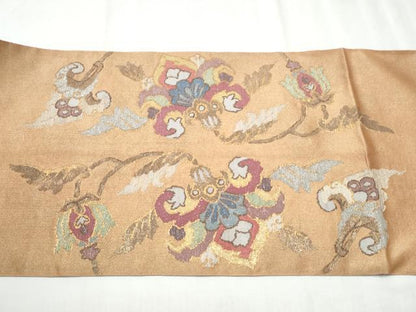平和屋着物●太鼓柄袋帯 更紗花文 金銀糸 正絹 逸品 CABD0403hy