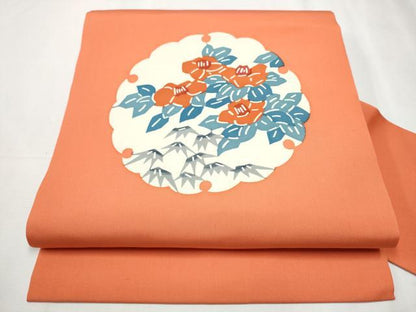 平和屋着物●塩瀬 九寸名古屋帯 型染め 雪輪草花文 正絹 逸品 CABD0411hy