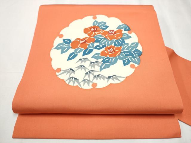 平和屋着物●塩瀬 九寸名古屋帯 型染め 雪輪草花文 正絹 逸品 CABD0411hy