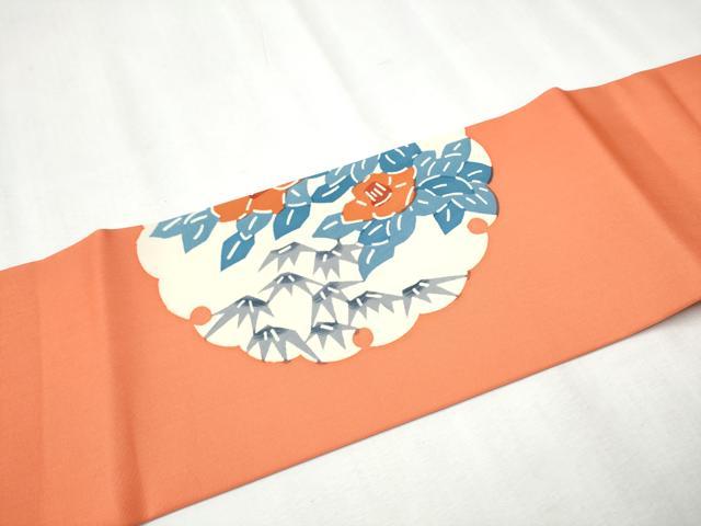 平和屋着物●塩瀬 九寸名古屋帯 型染め 雪輪草花文 正絹 逸品 CABD0411hy