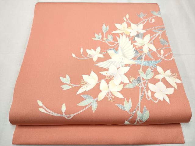 平和屋着物●塩瀬 九寸開き名古屋帯 友禅 作家物 花鳥文 正絹 逸品 未使用 CABD0417hy