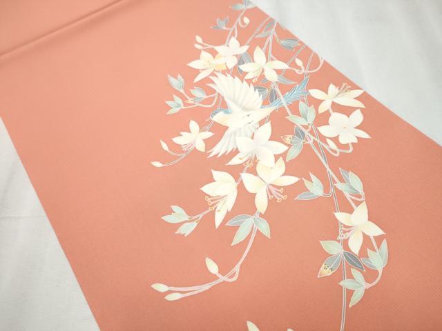 平和屋着物●塩瀬 九寸開き名古屋帯 友禅 作家物 花鳥文 正絹 逸品 未使用 CABD0417hy